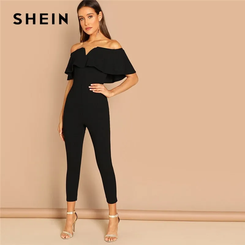 SHEIN Black Elegant Office Lady Solid Off Shoulder Short Sleeve