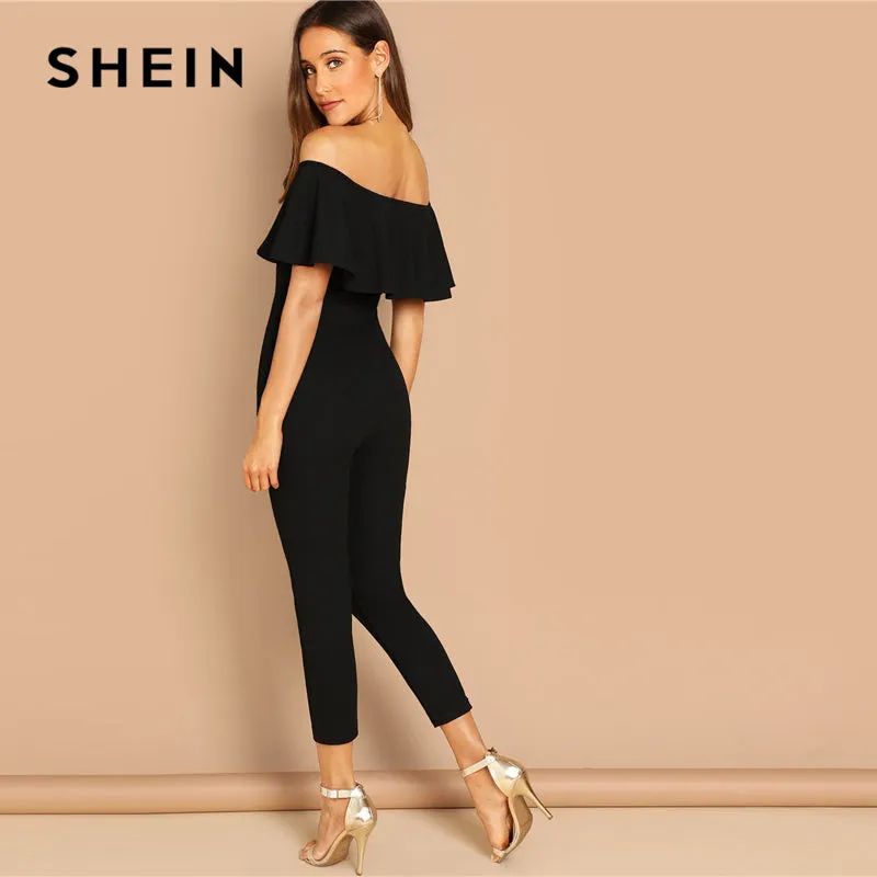 SHEIN Black Elegant Office Lady Solid Off Shoulder Short Sleeve