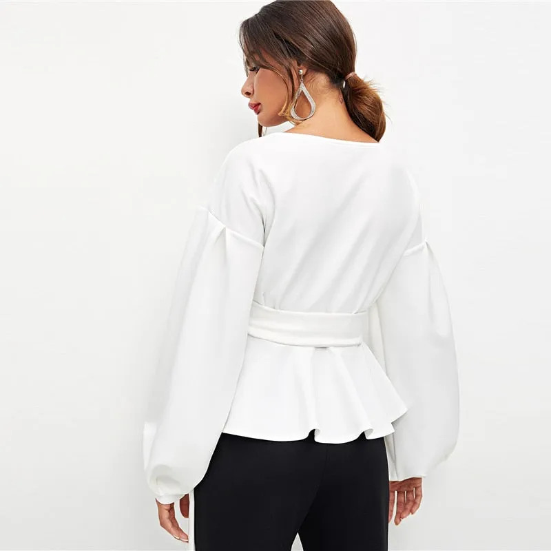 SHEIN White Office Lady Elegant Lantern Sleeve
