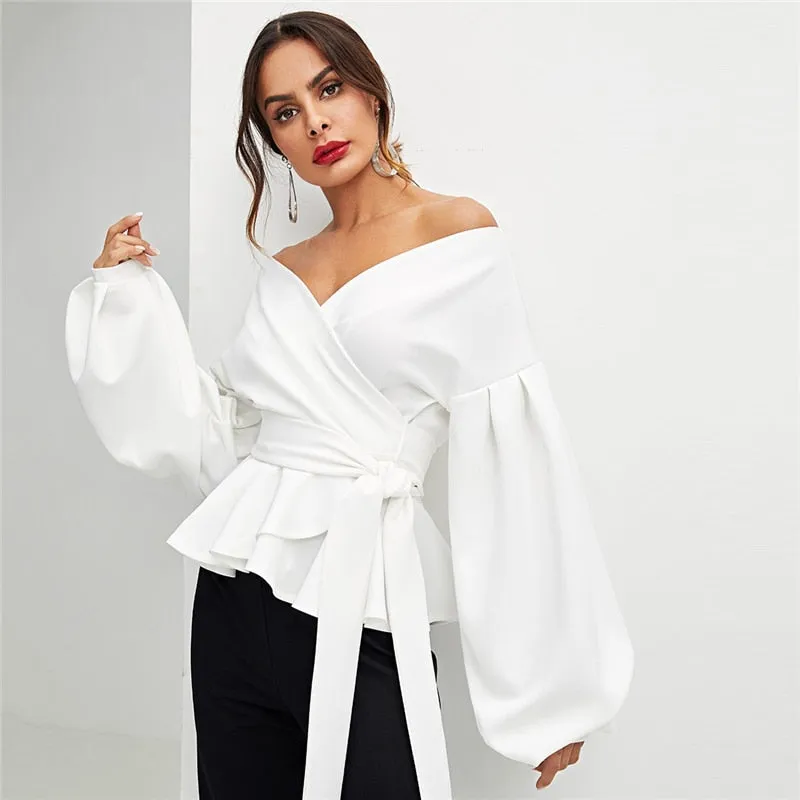 SHEIN White Office Lady Elegant Lantern Sleeve