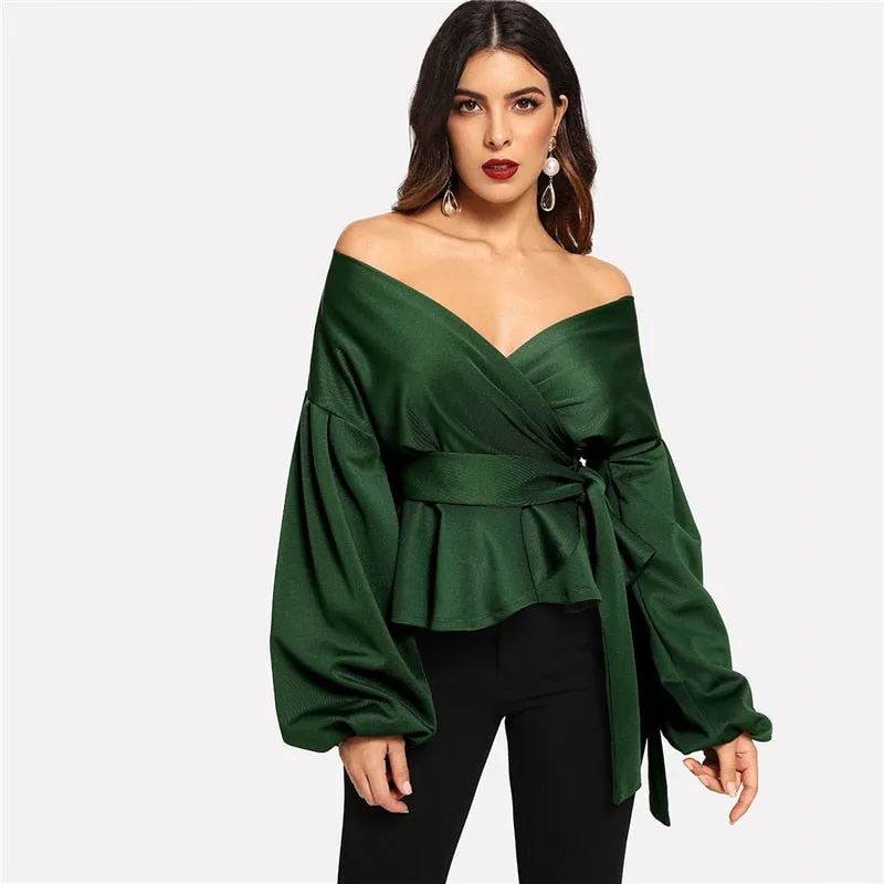 SHEIN White Office Lady Elegant Lantern Sleeve