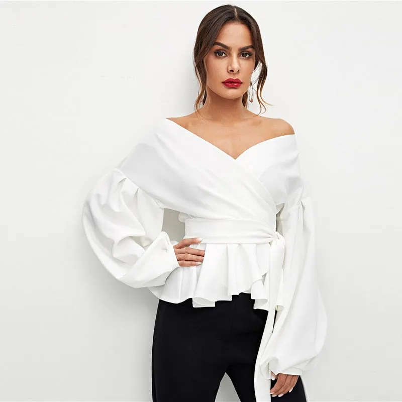 SHEIN White Office Lady Elegant Lantern Sleeve
