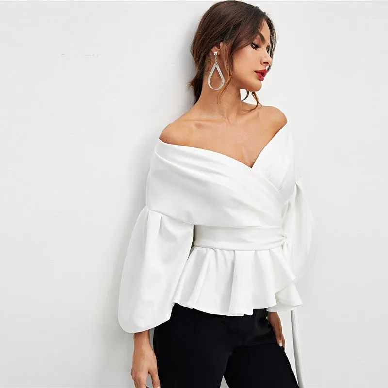 SHEIN White Office Lady Elegant Lantern Sleeve