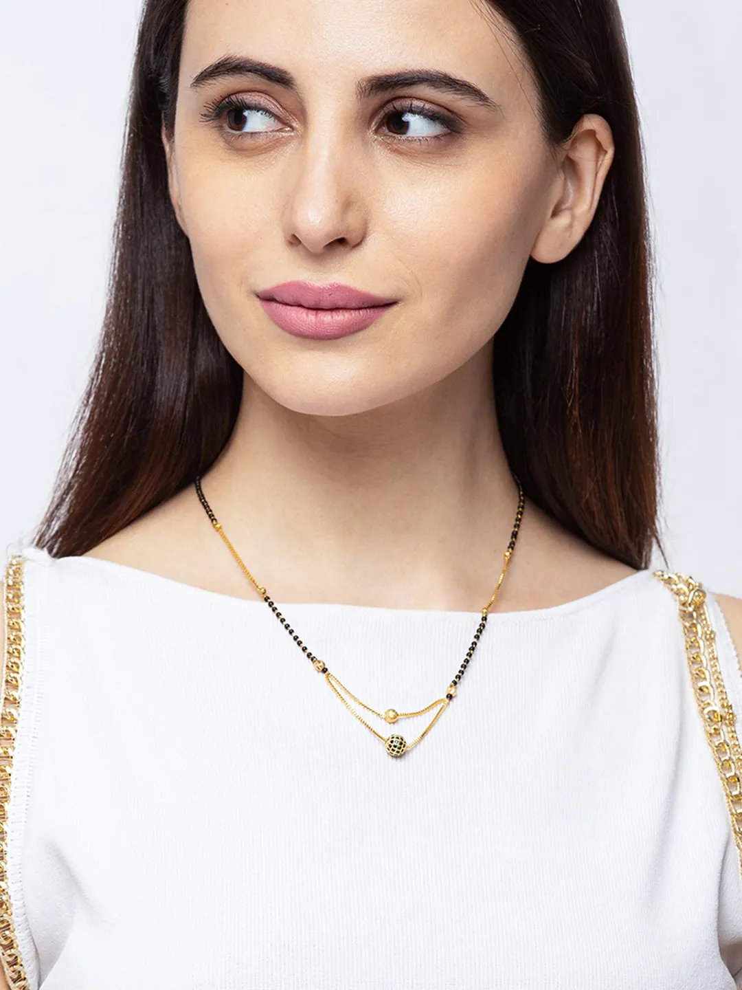 Short Mangalsutra Designs Gold Plated Latest Double Chain Layer Black Stone Pendant Mangalsutra