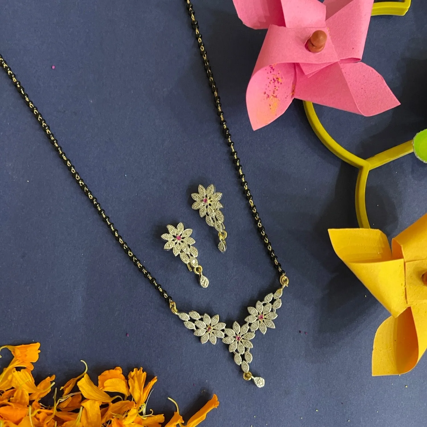Short Mangalsutra Designs Set Gold Plated Latest American Diamond Mangalsutra & Earrings