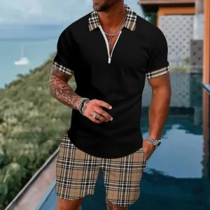 Short Sleeve Zip Polo Classic Pattern Board Shorts Set 2404001356