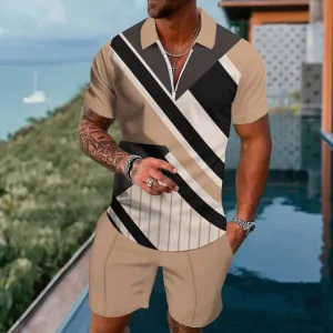 Short Sleeve Zip Polo Classic Pattern Board Shorts Set 2404001362