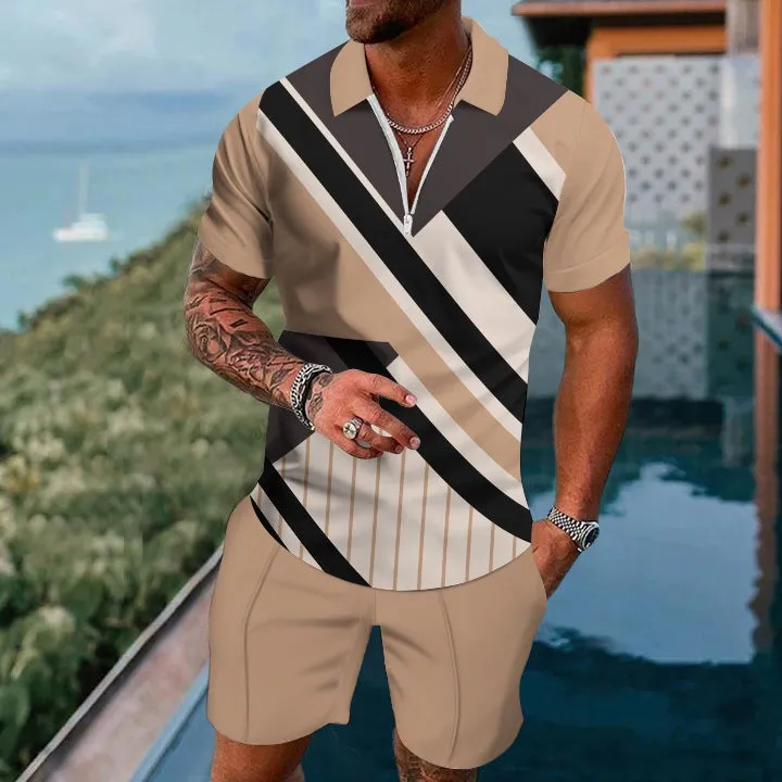 Short Sleeve Zip Polo Classic Pattern Board Shorts Set 2404001362