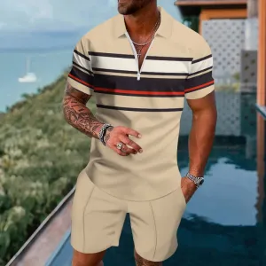 Short Sleeve Zip Polo Striped Board Shorts Set 2404001259