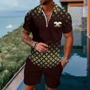Short-Sleeved Zipper Polo Classic Pattern Board Shorts Suit 2404001495