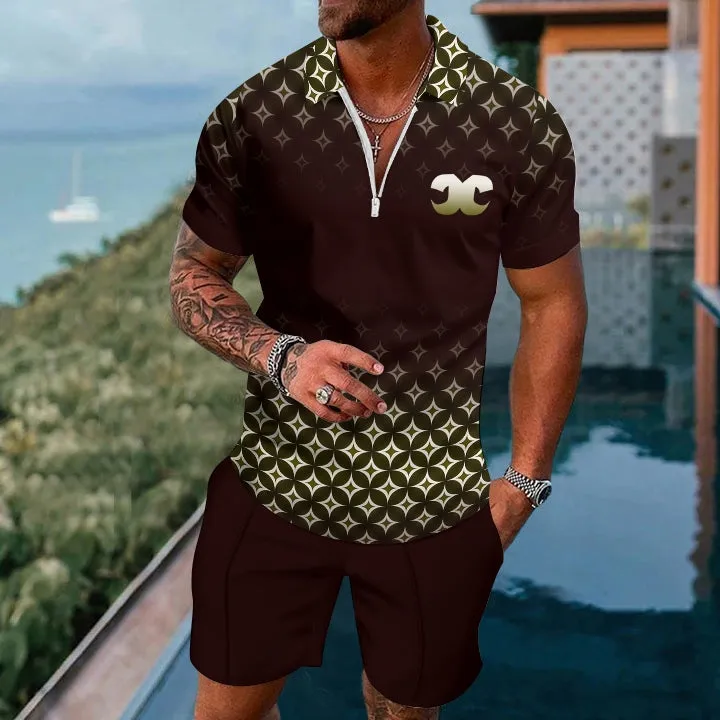 Short-Sleeved Zipper Polo Classic Pattern Board Shorts Suit 2404001495