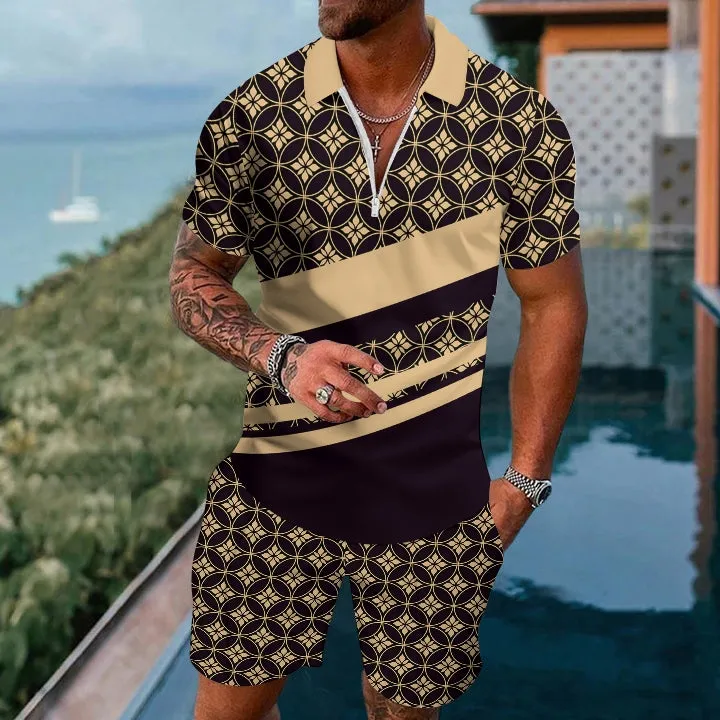 Short-Sleeved Zipper Polo Classic Pattern Board Shorts Suit 2404001496