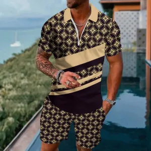 Short-Sleeved Zipper Polo Classic Pattern Board Shorts Suit 2404001496