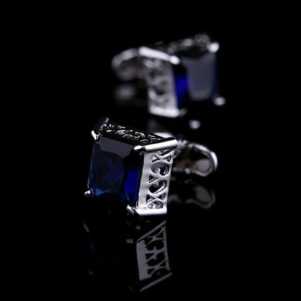 Silver & Blue Mens Stainless Steel Big Square Cufflinks for Shirt with Box - Hand Crafted Perfect Gift