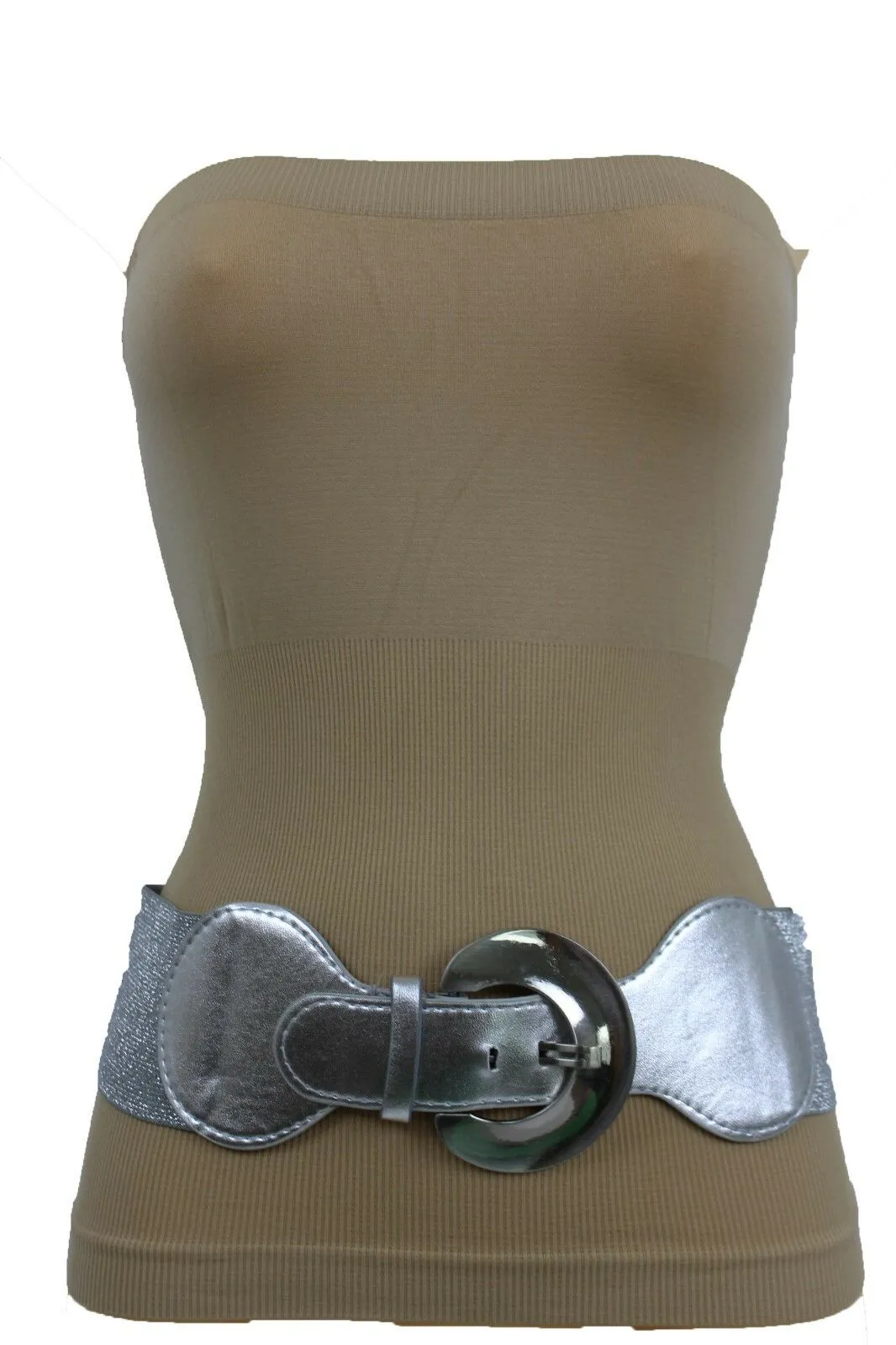 Silver Metal Round Big Buckle Elastic Fashion Belt Hip High Waist S M