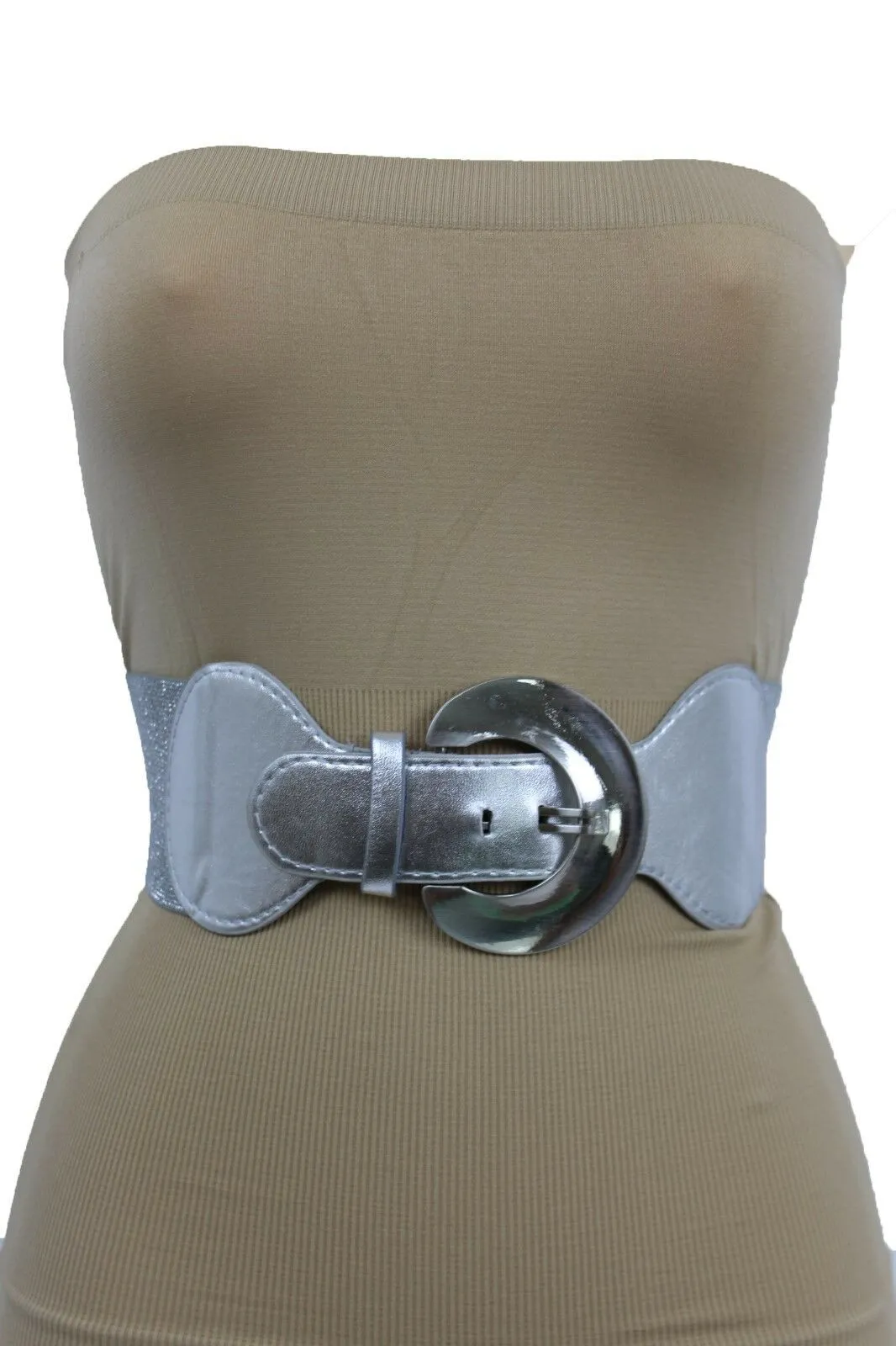 Silver Metal Round Big Buckle Elastic Fashion Belt Hip High Waist S M