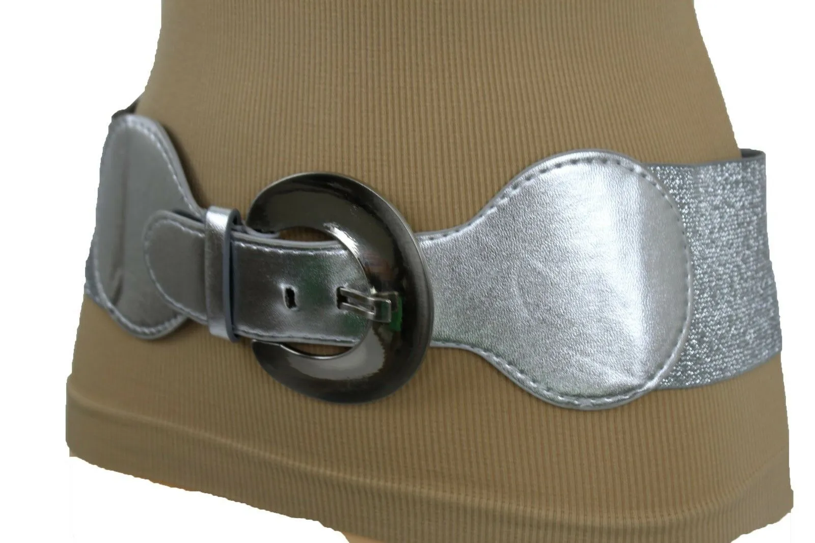 Silver Metal Round Big Buckle Elastic Fashion Belt Hip High Waist S M