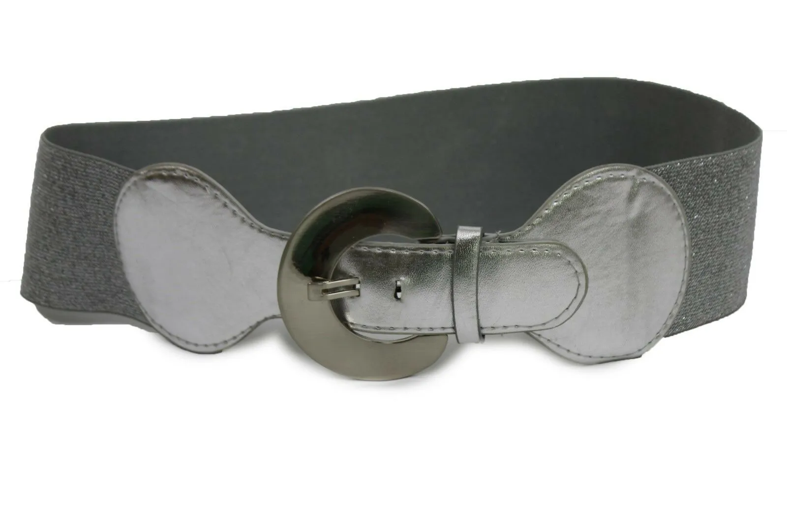 Silver Metal Round Big Buckle Elastic Fashion Belt Hip High Waist S M