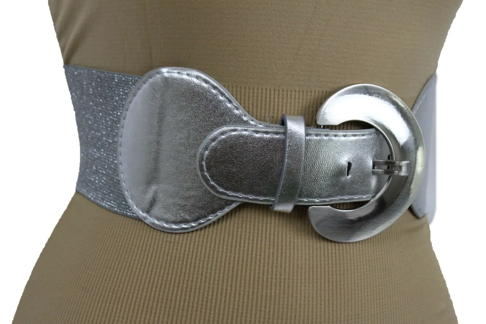 Silver Metal Round Big Buckle Elastic Fashion Belt Hip High Waist S M