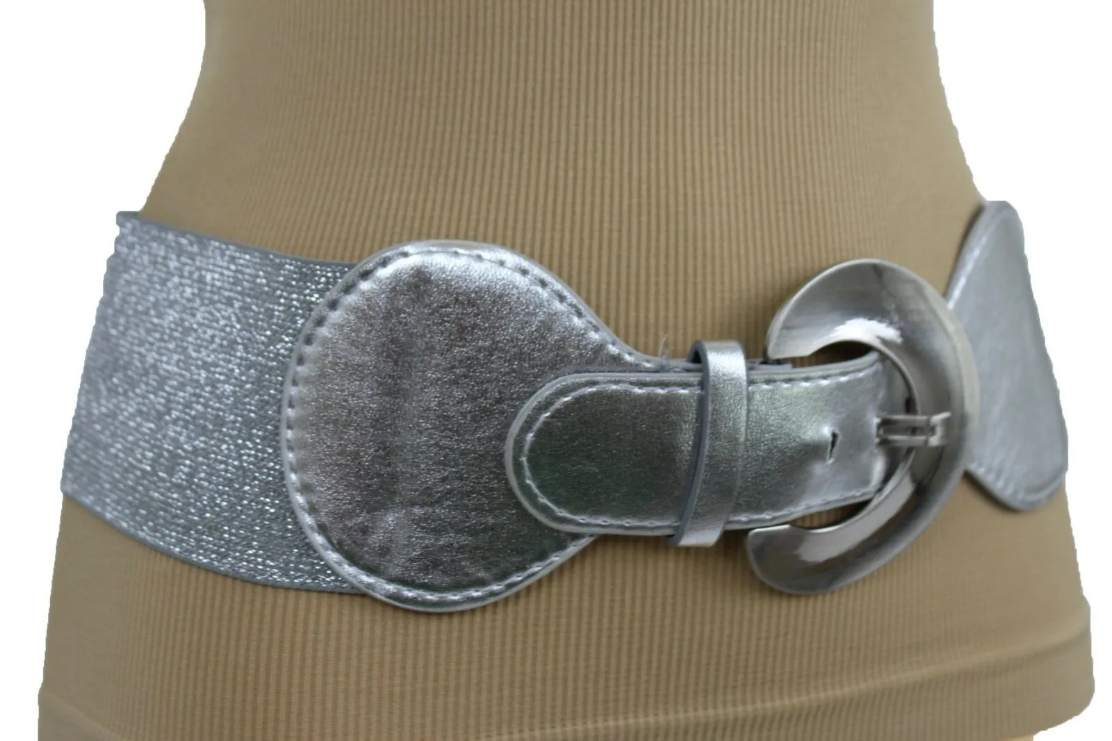 Silver Metal Round Big Buckle Elastic Fashion Belt Hip High Waist S M