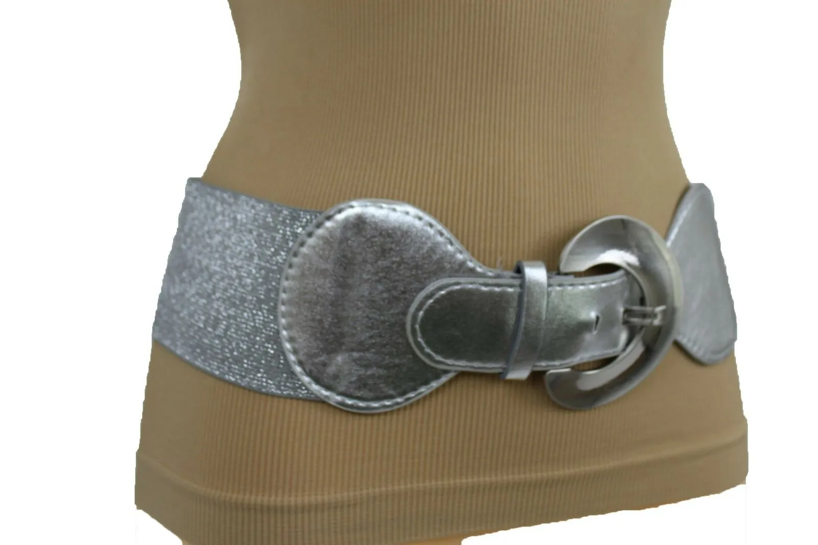 Silver Metal Round Big Buckle Elastic Fashion Belt Hip High Waist S M
