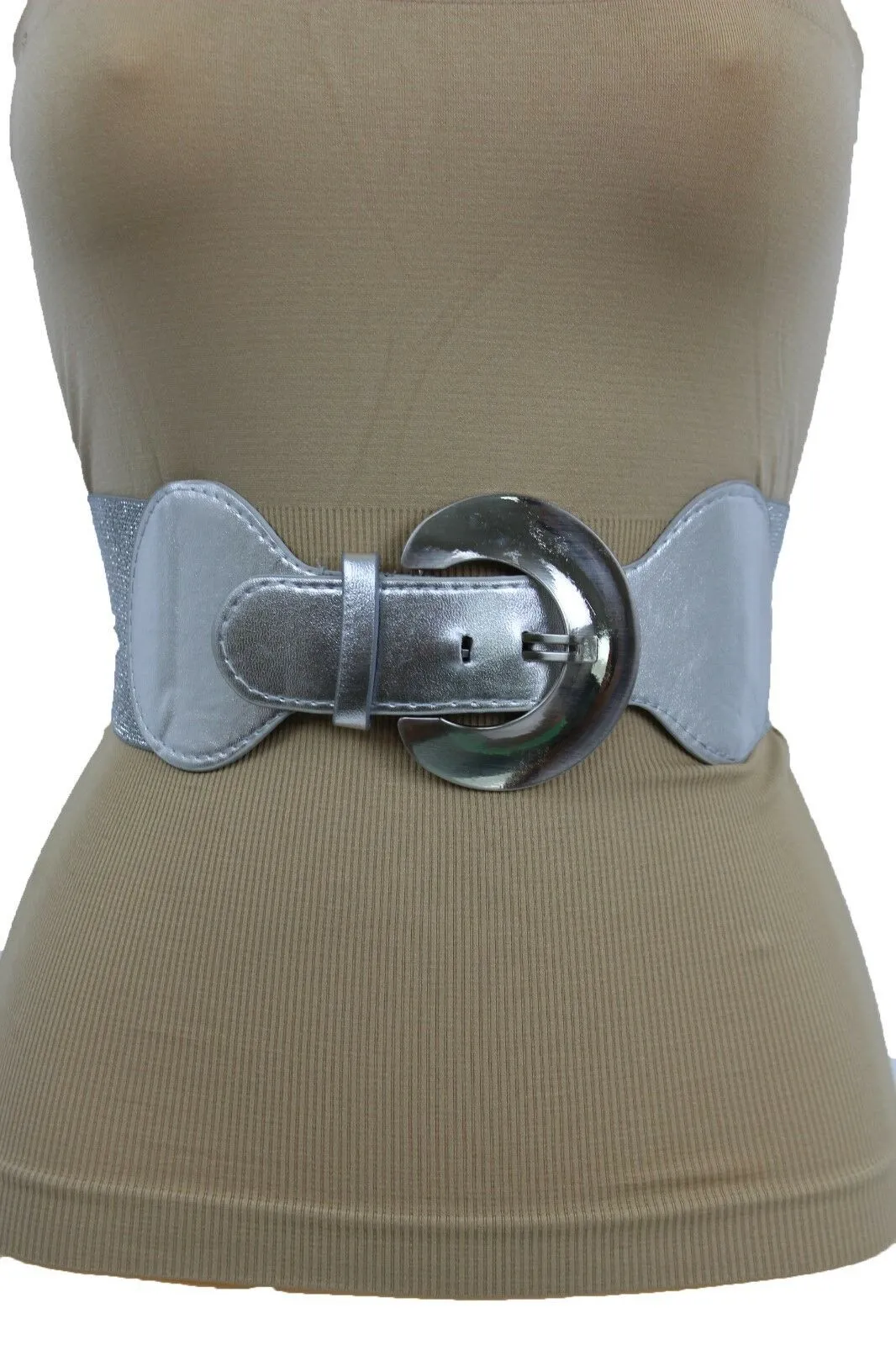 Silver Metal Round Big Buckle Elastic Fashion Belt Hip High Waist S M