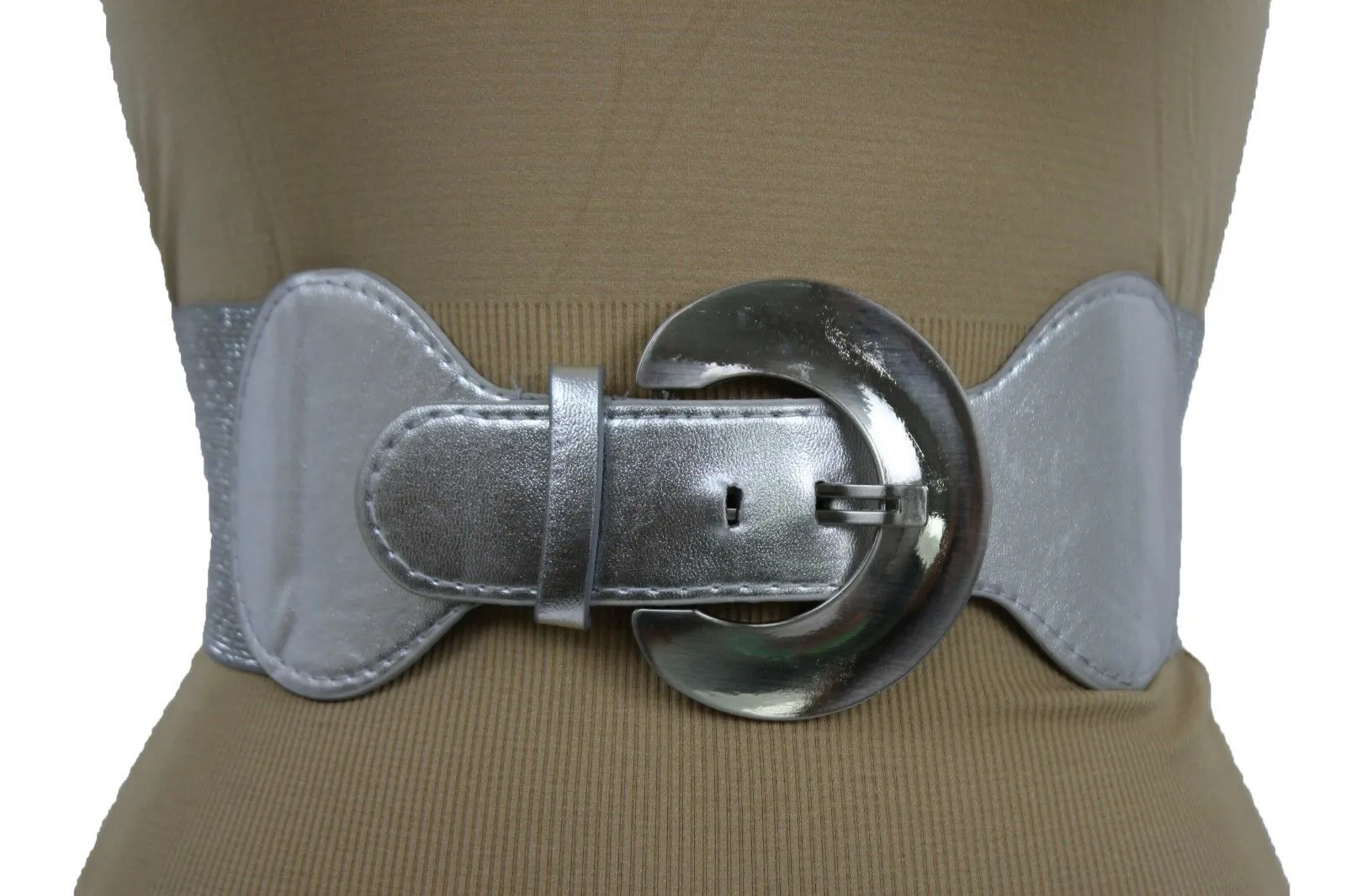 Silver Metal Round Big Buckle Elastic Fashion Belt Hip High Waist S M