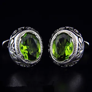 Silver with Big Green Stone Mens Stainless Steel Round Cufflinks for Shirt with Box - Hand Crafted Perfect