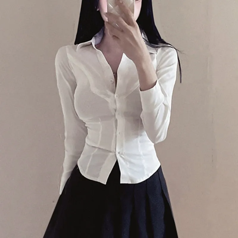 Slim Basic White Shirt Women Tunics Vintage Cute Korean Style Long Sleeve School Shirt Girls Casual Jk Uniform Tops