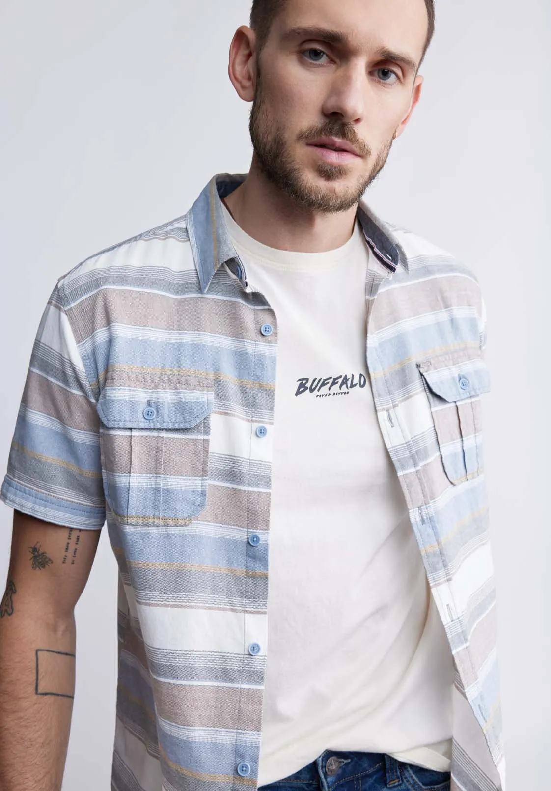 Sodhi Men's Short Sleeve Striped Shirt, Mirage Blue - BM24289