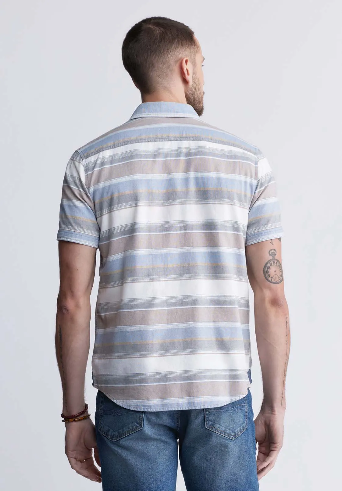 Sodhi Men's Short Sleeve Striped Shirt, Mirage Blue - BM24289