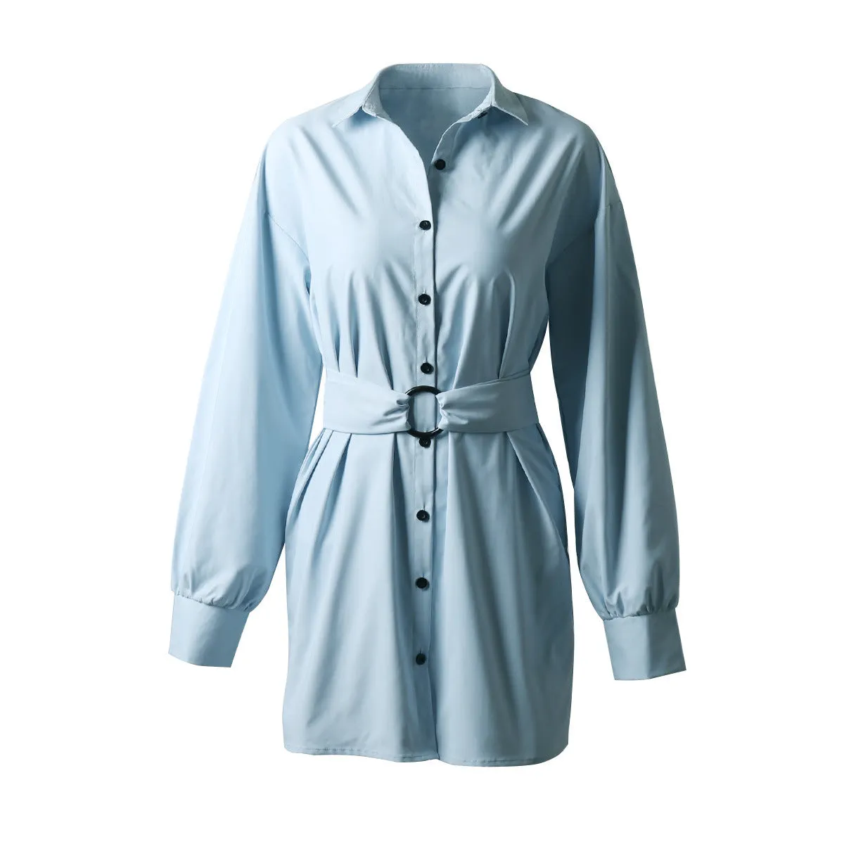 Solid Color Lapel Tie Waist Sexy Shirt Dress