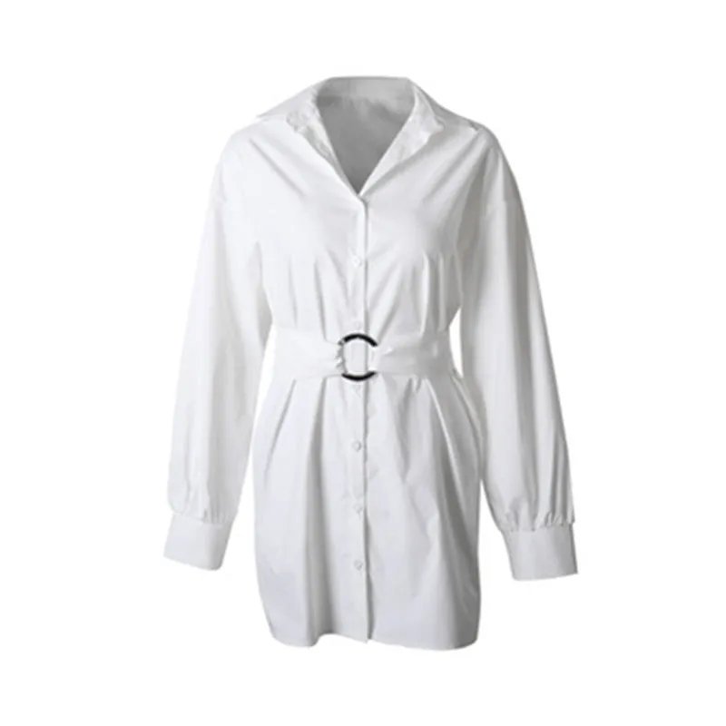 Solid Color Lapel Tie Waist Sexy Shirt Dress