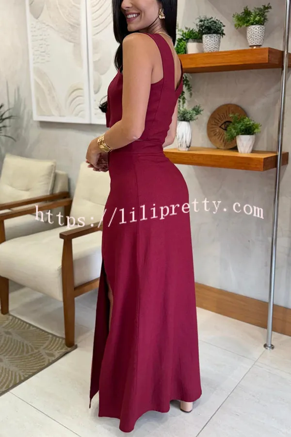 Solid Color Slim Fit Round Neck Sleeveless Top and High Waist Slit Maxi Skirt Set