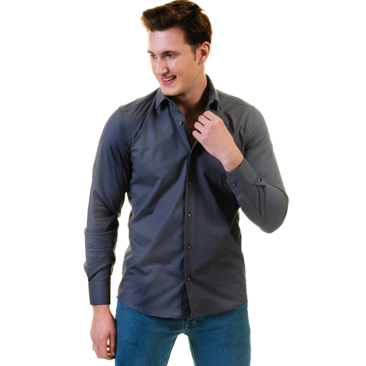 Solid Grey Mens Slim Fit Designer Dress Shirt - tailored Cotton Shirts for Work