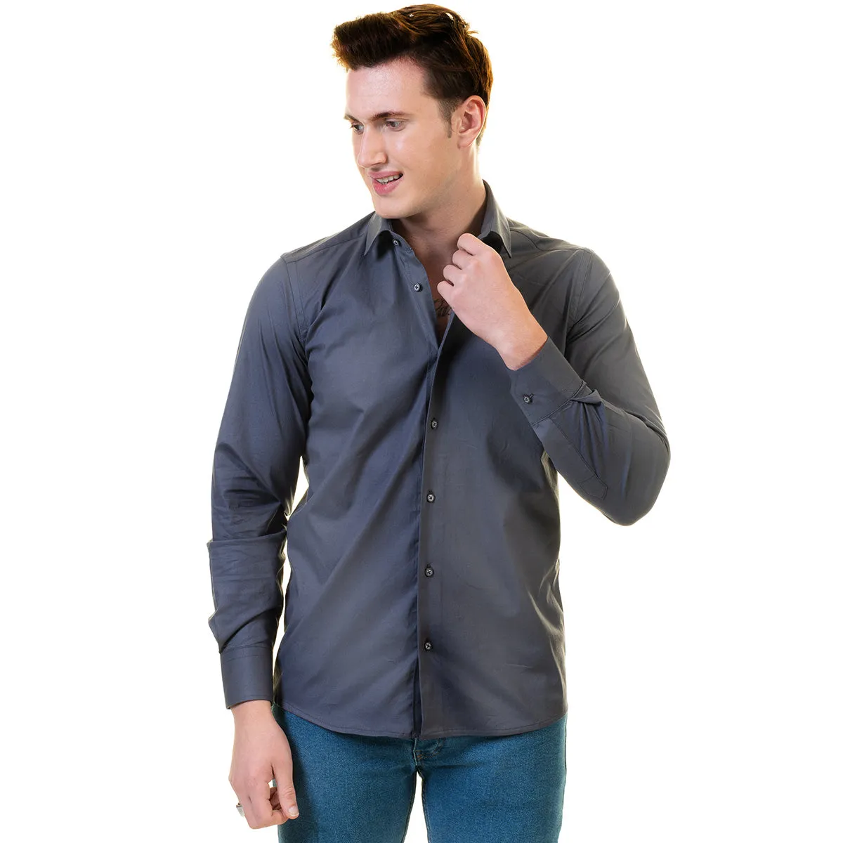 Solid Grey Mens Slim Fit Designer Dress Shirt - tailored Cotton Shirts for Work