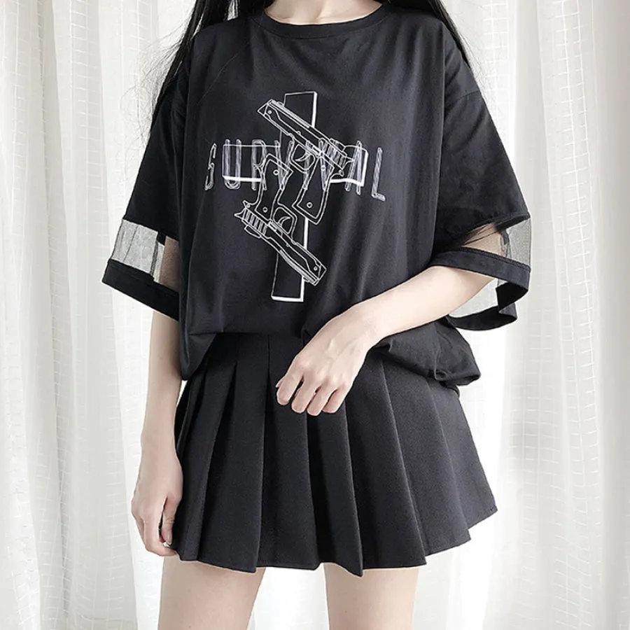 Solid SURVIVAL Gun Cross Print Mesh Oversize Dress