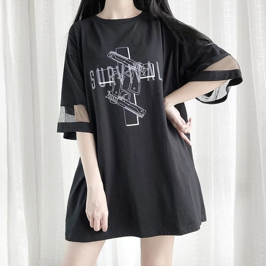 Solid SURVIVAL Gun Cross Print Mesh Oversize Dress