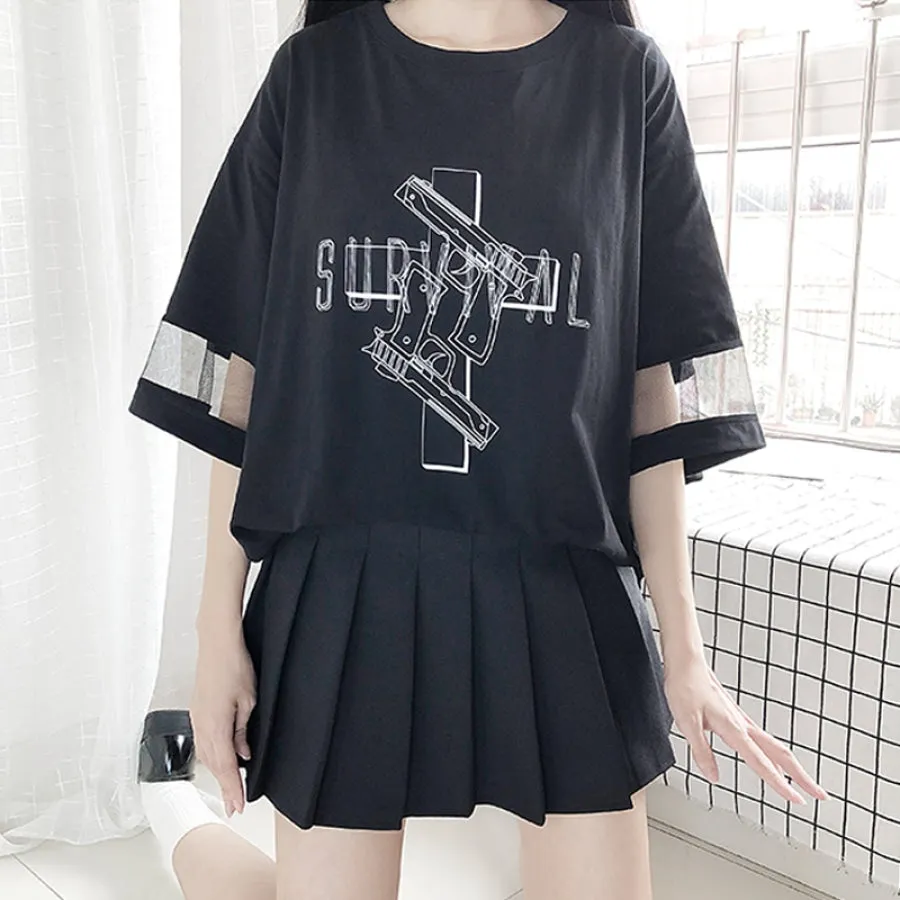 Solid SURVIVAL Gun Cross Print Mesh Oversize Dress