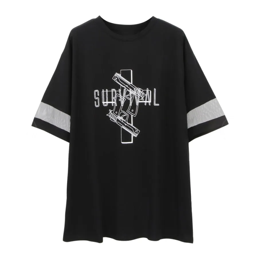Solid SURVIVAL Gun Cross Print Mesh Oversize Dress