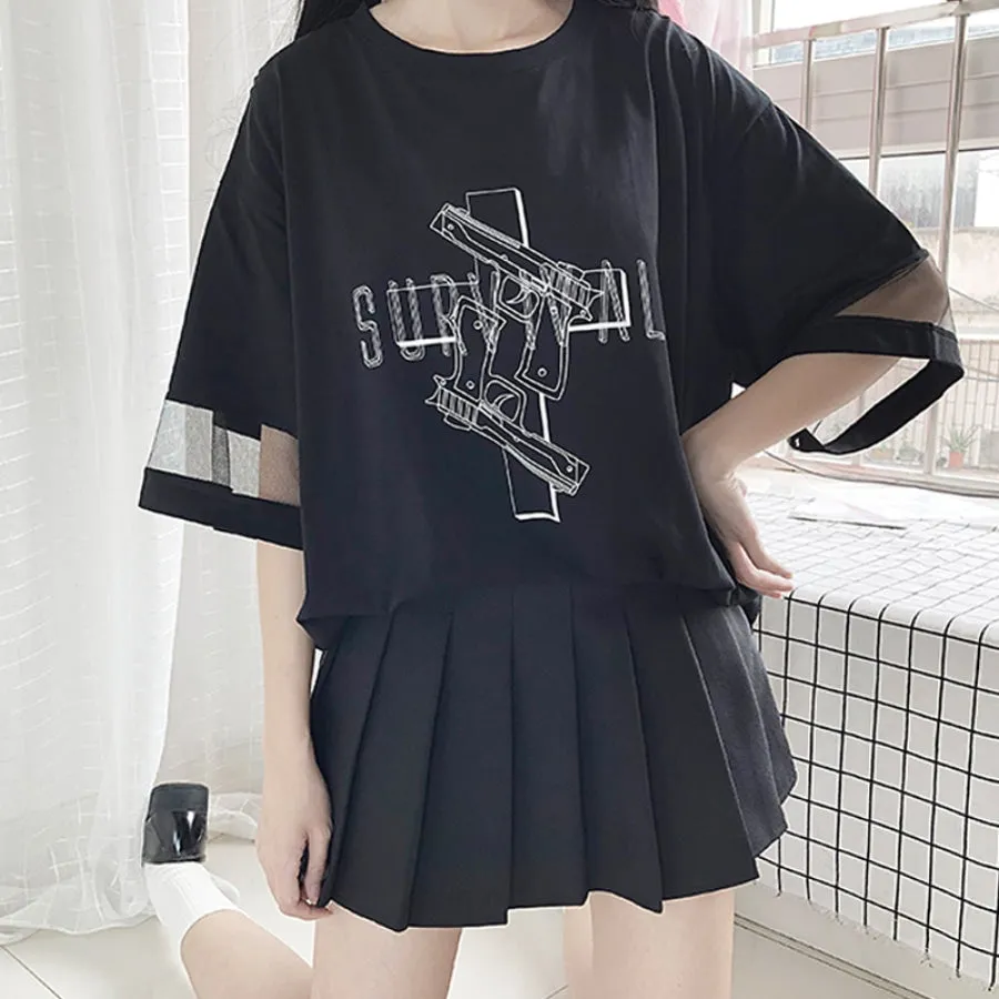 Solid SURVIVAL Gun Cross Print Mesh Oversize Dress