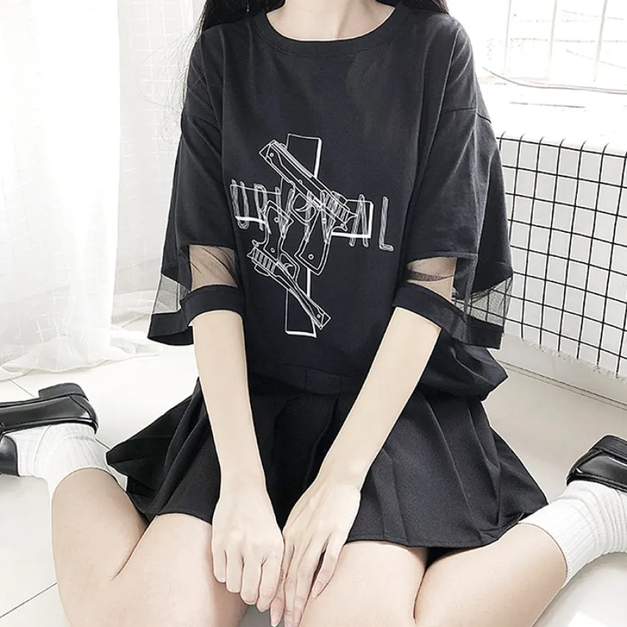 Solid SURVIVAL Gun Cross Print Mesh Oversize Dress