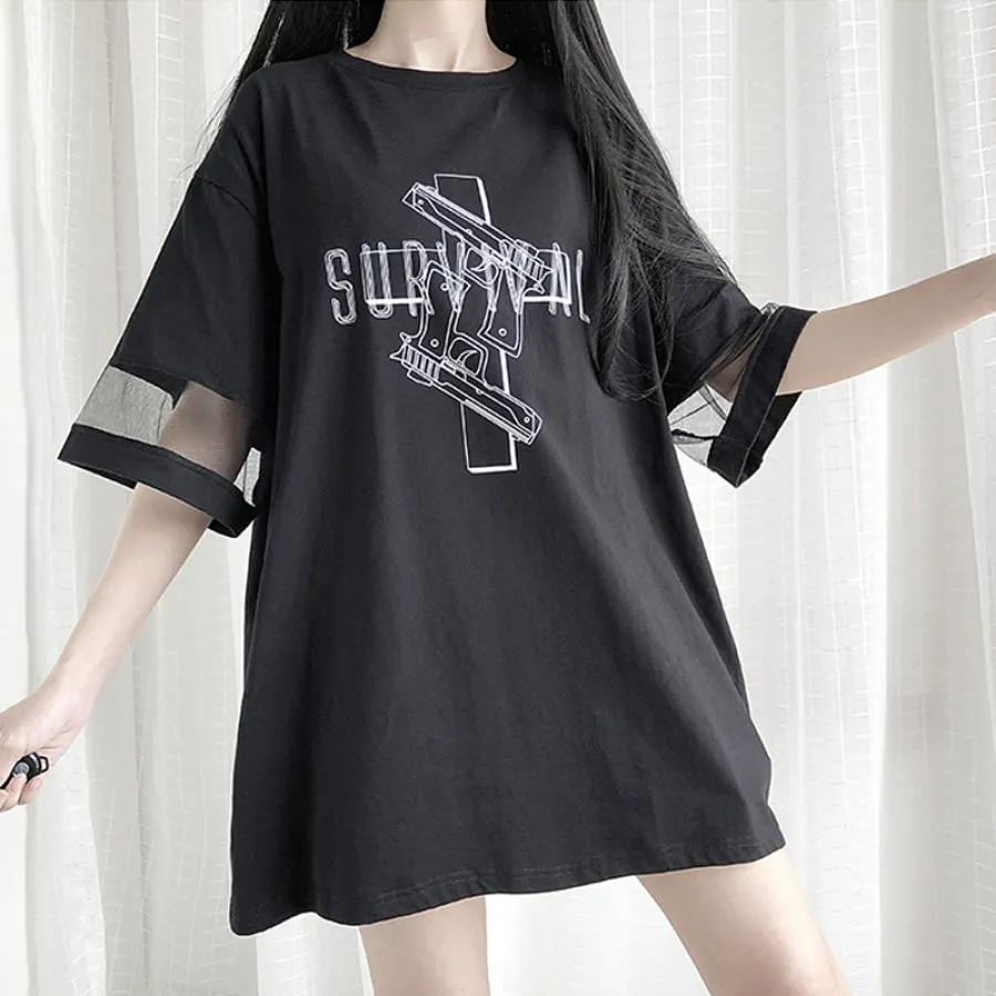 Solid SURVIVAL Gun Cross Print Mesh Oversize Dress