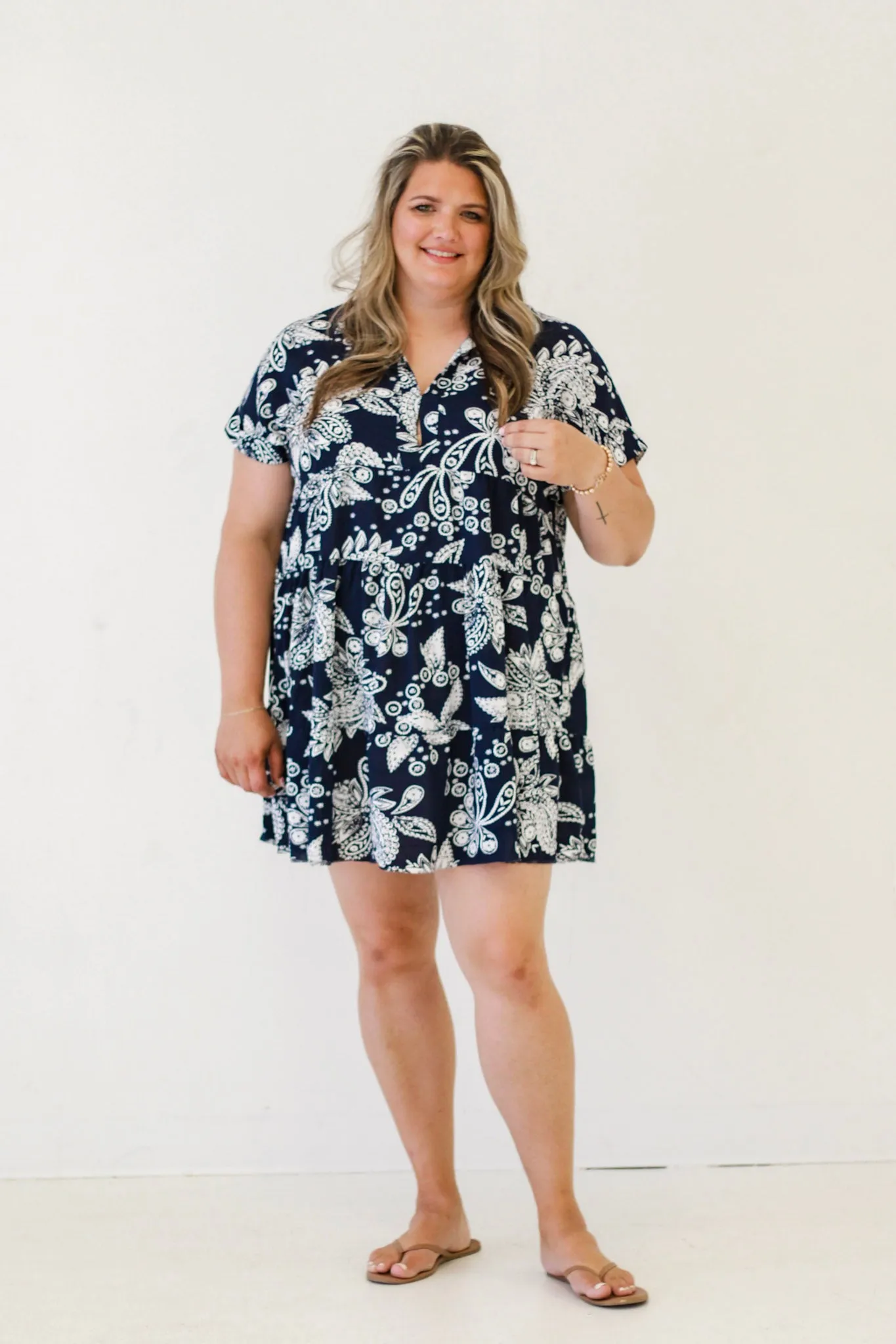 Sophisticated Paisley Print Collared A-Line Dress in Navy Mix