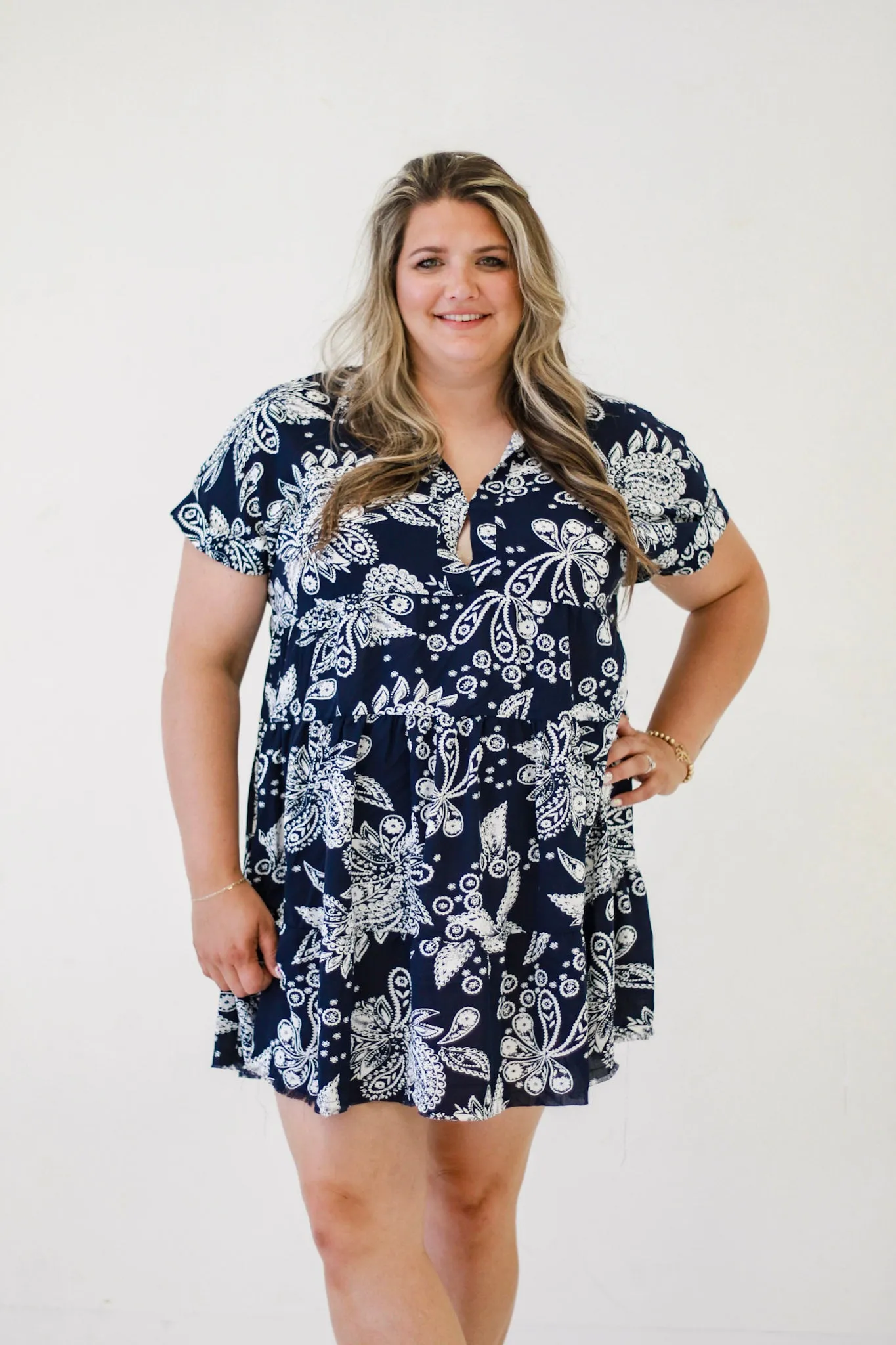 Sophisticated Paisley Print Collared A-Line Dress in Navy Mix