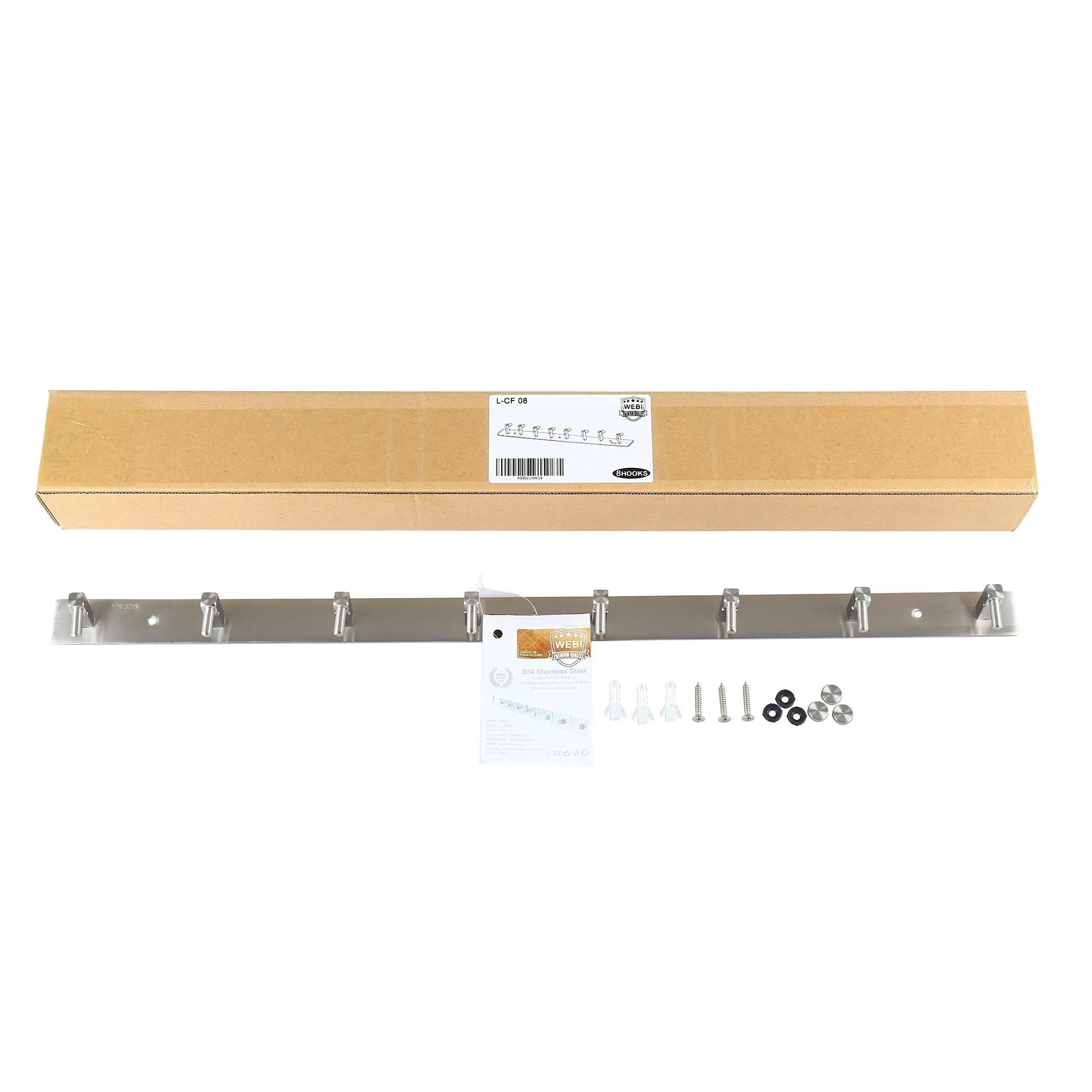Stainless Steel Coat Hook, WEBI Heavy Duty Towel Rack Hanger Rail Bar, for Bedroom, Bathroom, Fitting Room, Laundry Room, Foyer, Hallway, Entryway, Brushed Finish, 8 Hooks, L-CF08