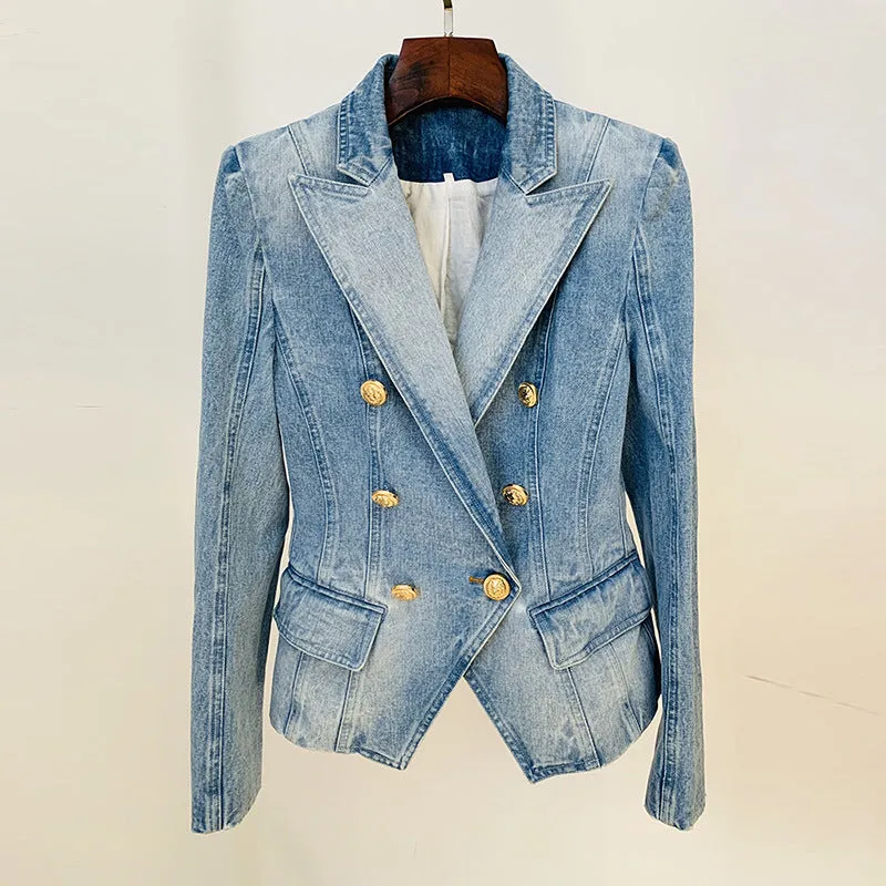 Stars Slim Double Breasted Lion Button Denim Blazer