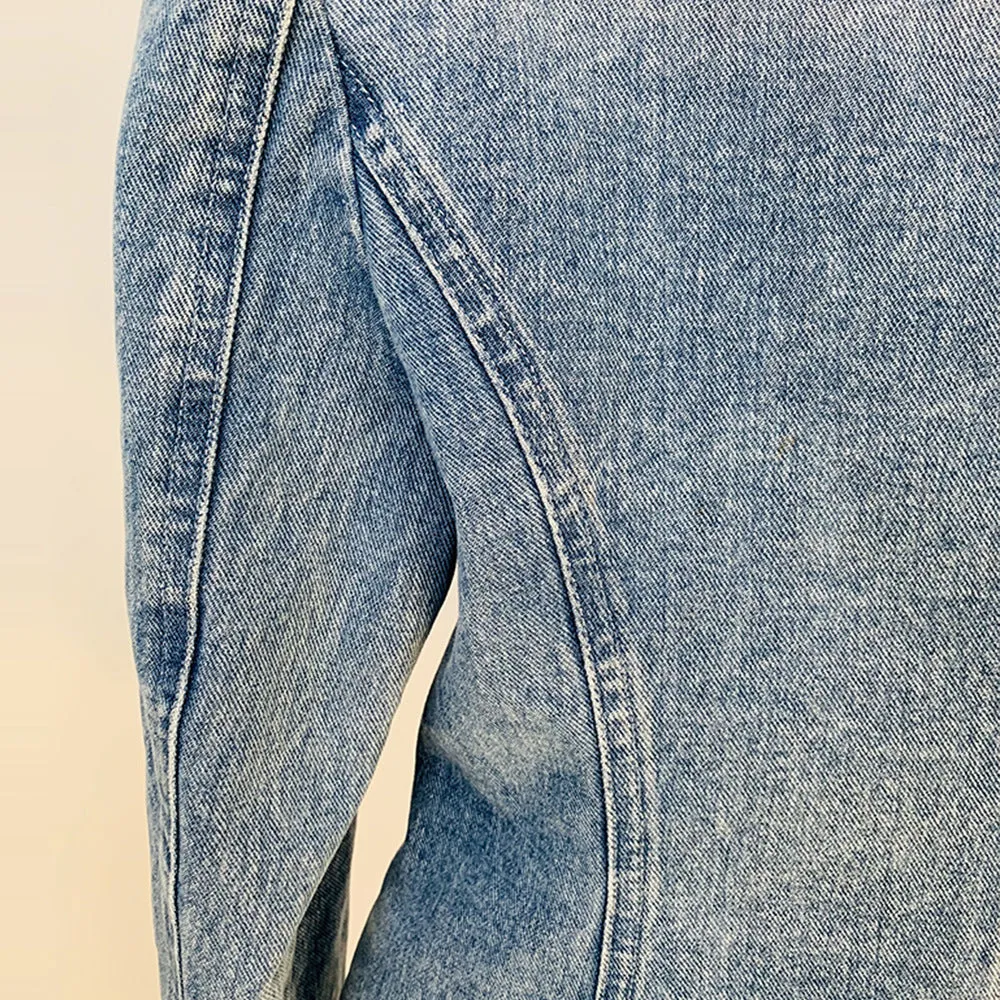 Stars Slim Double Breasted Lion Button Denim Blazer