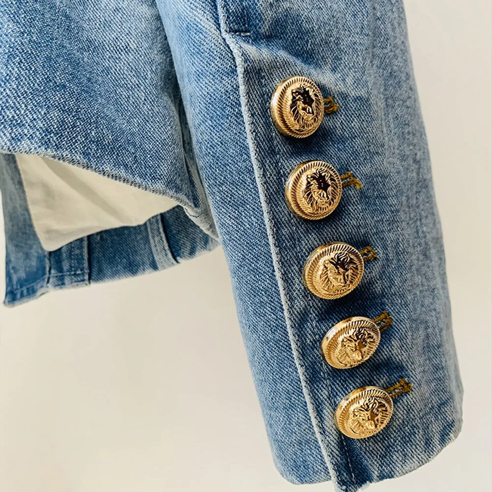 Stars Slim Double Breasted Lion Button Denim Blazer