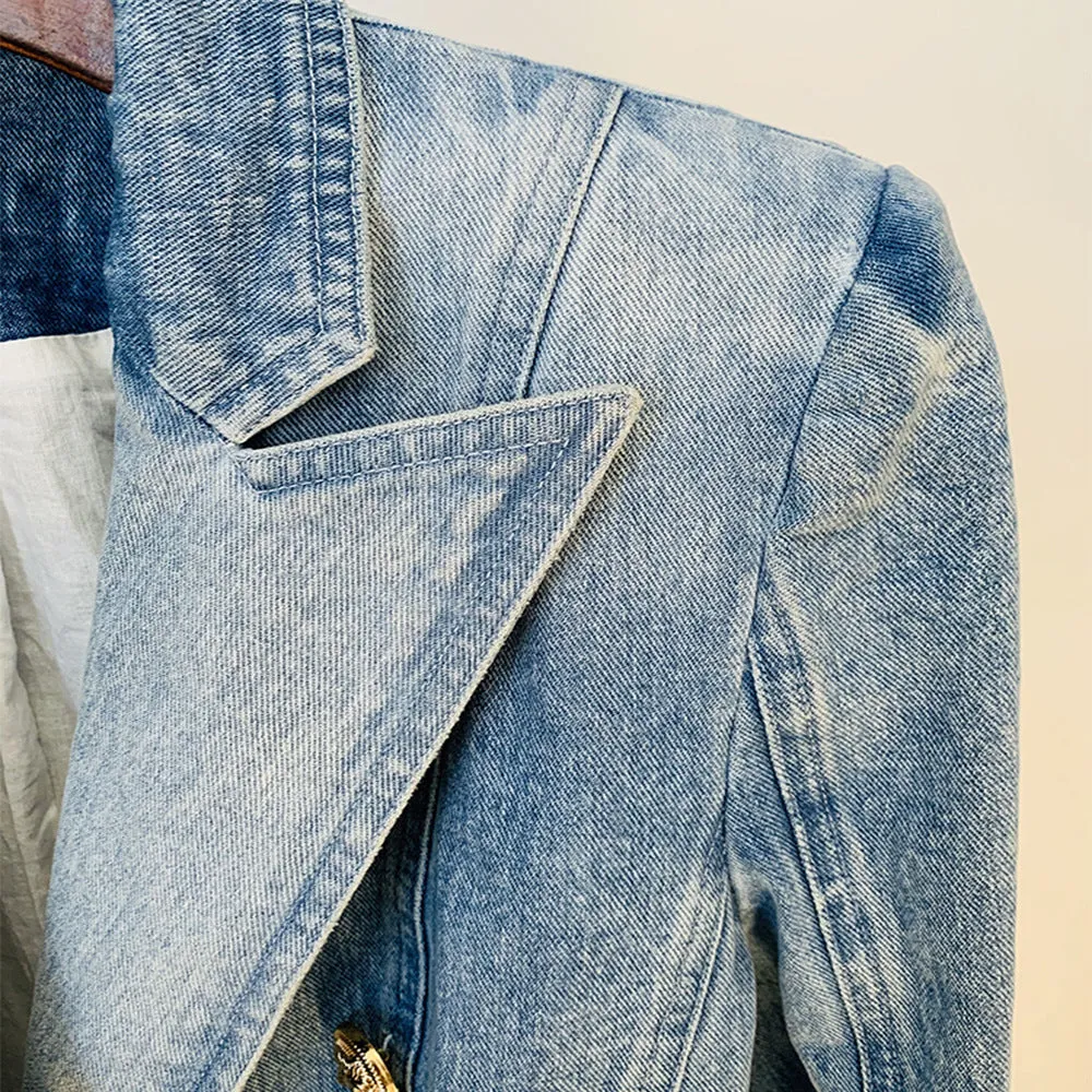 Stars Slim Double Breasted Lion Button Denim Blazer